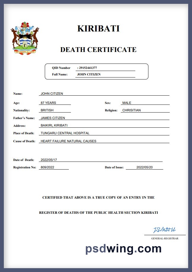 Kiribati Vital Record Death Certificate (Word & PDF)